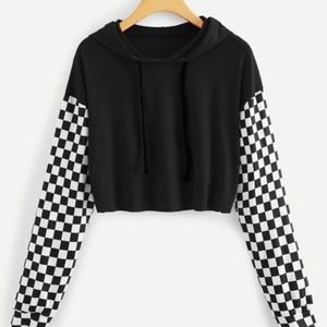 Shein Checkered Sleeve Raw Hem Hooded Tee NWOT